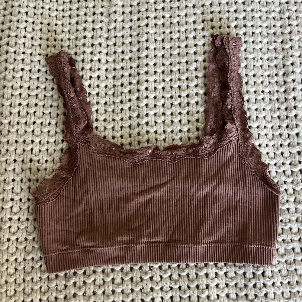 Garage Brown Lace Trim Ribbed Bra Top